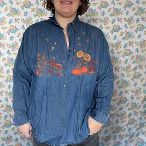 Karen Scott II denim long sleeve button up shirt size 2XL fall sunflower